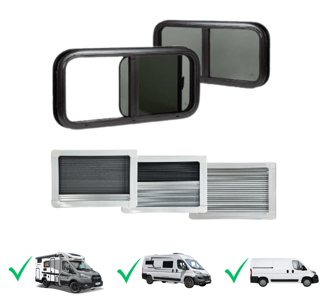 Baie coulissante vitrage acrylique - Bords Arrondis - Avec store et moustiquaire - Vanlife - Store