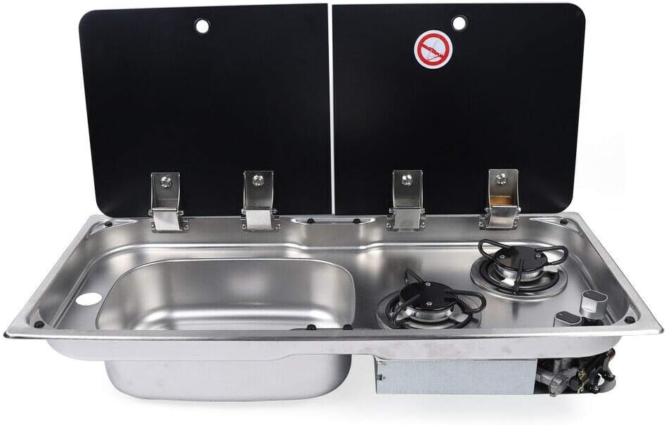 Evier combiné 2 feux gaz - Inox / Verre trempé (Evier à droite ou à gauche) - Vanlife - Store