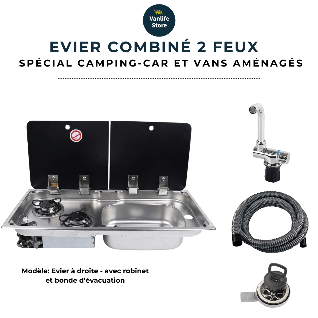 Evier combiné 2 feux gaz - Inox / Verre trempé (Evier à droite ou à gauche) - Vanlife - Store