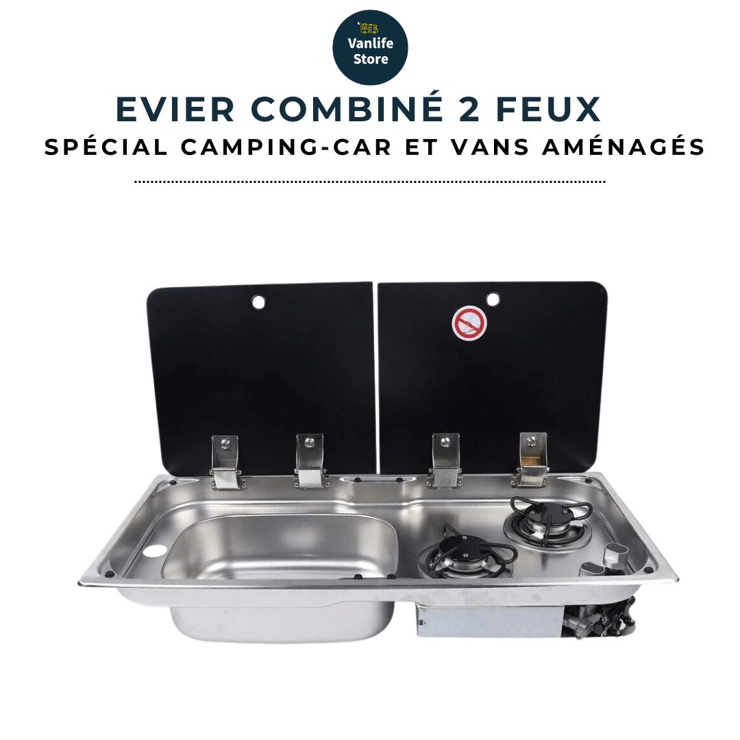 Evier combiné 2 feux gaz - Inox / Verre trempé (Evier à droite ou à gauche) - Vanlife - Store