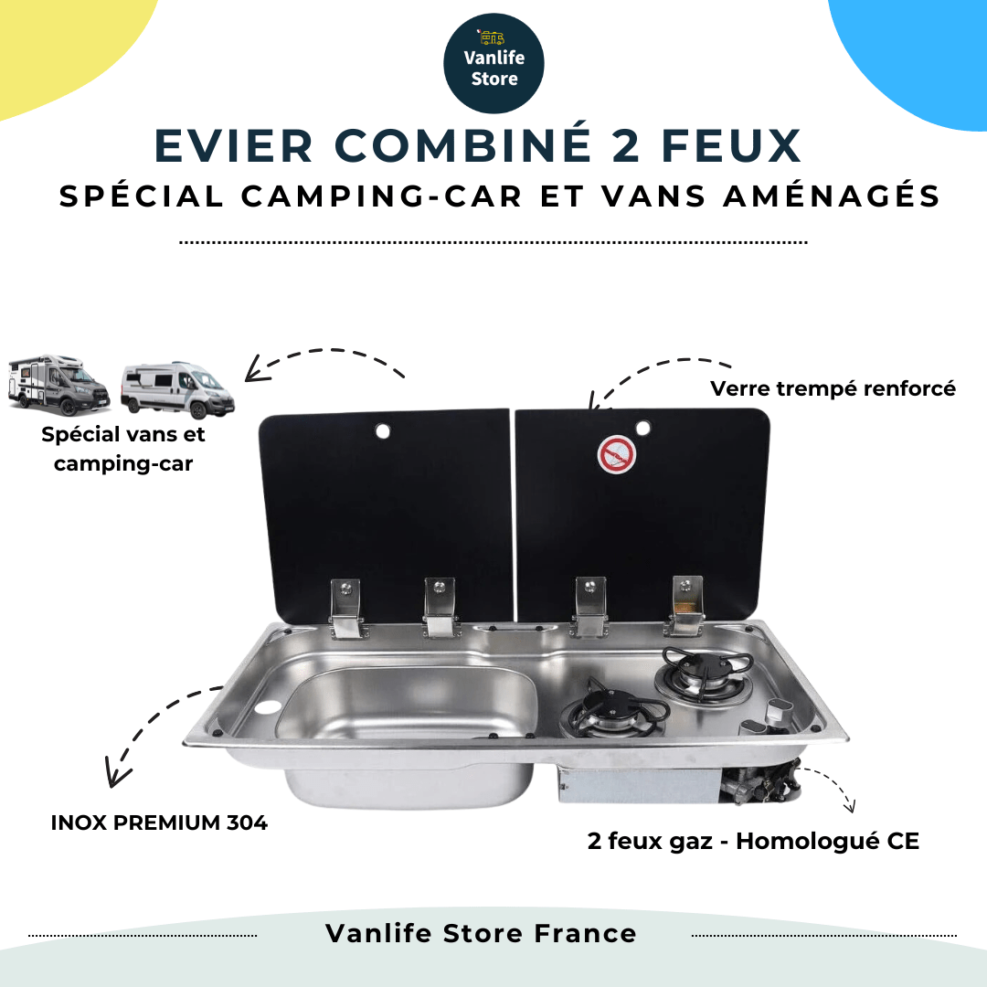 Evier combiné 2 feux gaz - Inox / Verre trempé (Evier à droite ou à gauche) - Vanlife - Store