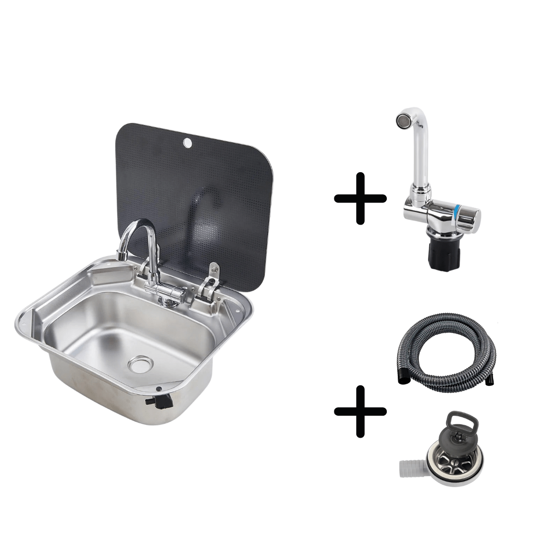 Evier inox couvercle verre trempé - 40 x 35cm - spécial Camping - car et van aménagé - Avec robinet - Vanlife - Store