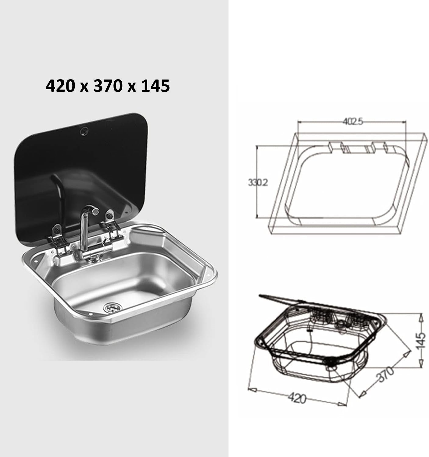 Evier Inox et couvercle verre trempé - Rectangulaire (Seul ou Avec Robinet) - Vanlife - Store