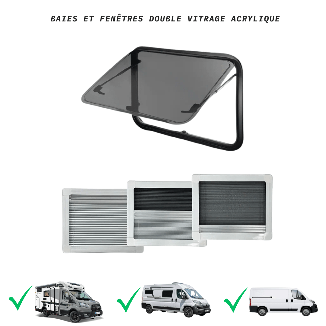 Baie / Fenêtre spéciale camping - cars et vans aménagés - Double vitrage acrylique (43R) - Avec store et moustiquaire - Vanlife - Store