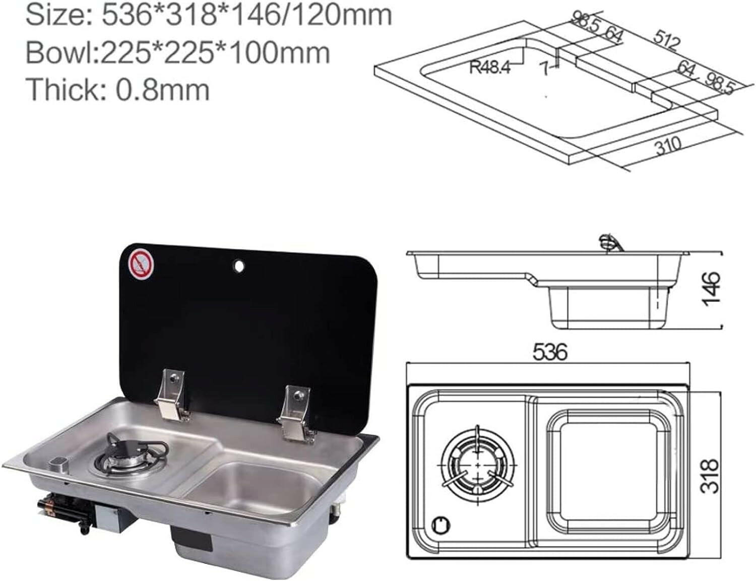 Evier combiné 1 feu gaz - Inox / Verre trempé (Avec ou Sans Robinet) - Vanlife - Store