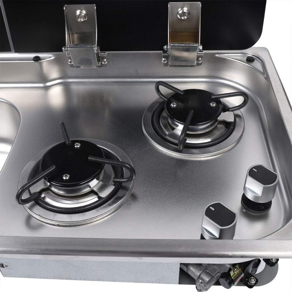 Evier combiné 2 feux gaz - Inox / Verre trempé (Evier à droite ou à gauche) - Vanlife - Store