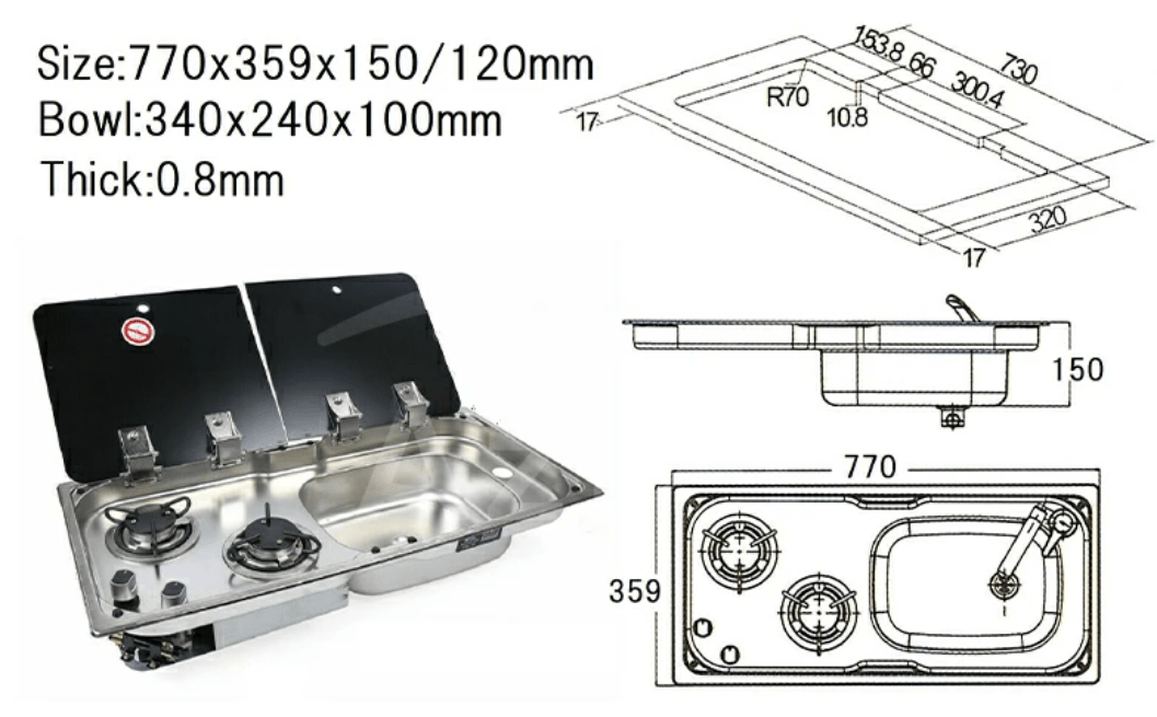 Evier combiné 2 feux gaz - Inox / Verre trempé (Evier à droite ou à gauche) - Vanlife - Store