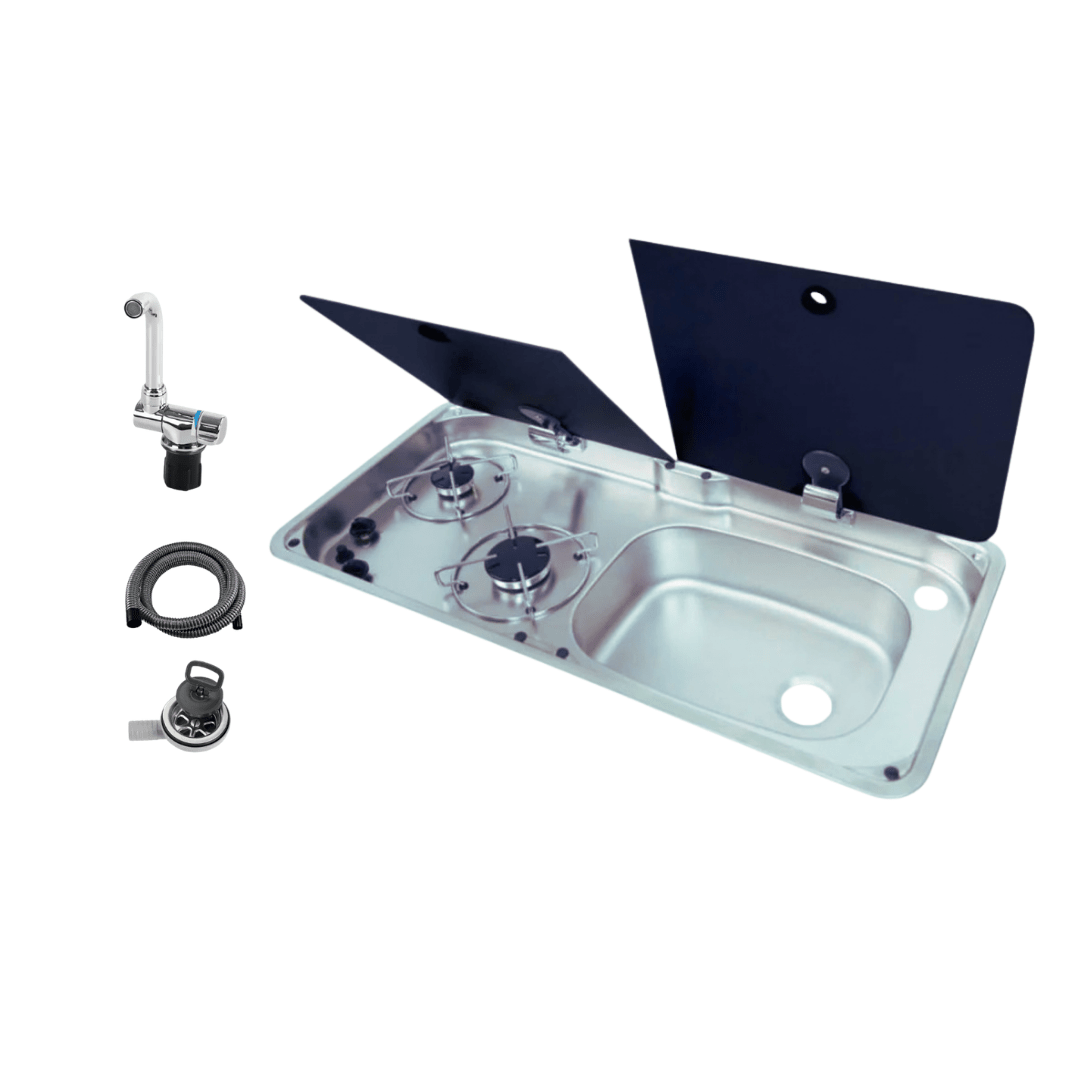 Evier combiné 2 feux gaz - Inox / Verre trempé - LxP : 77x36 cm - Vanlife - Store