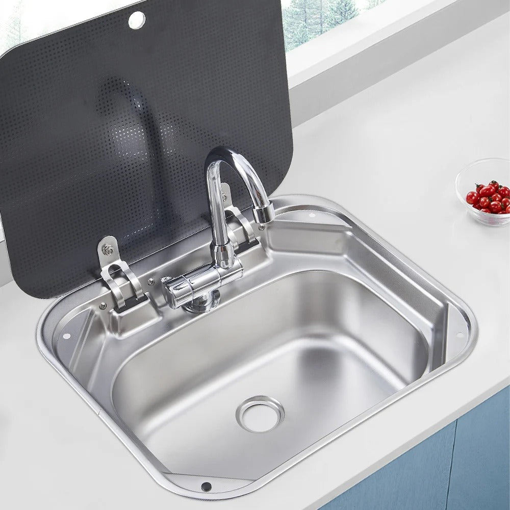 Evier inox couvercle verre trempé - 40 x 35cm - spécial Camping - car et van aménagé - Avec robinet - Vanlife - Store