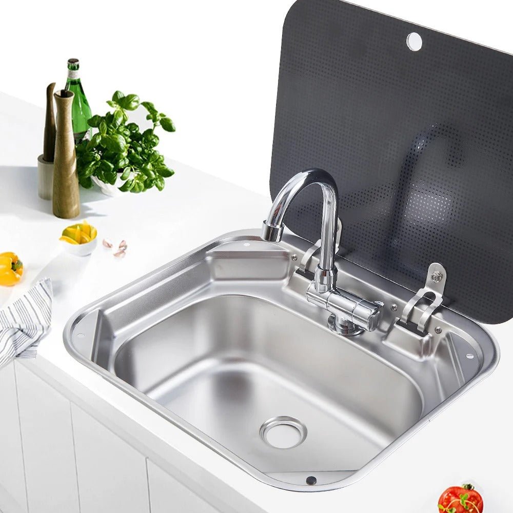 Evier inox couvercle verre trempé - 40 x 35cm - spécial Camping - car et van aménagé - Avec robinet - Vanlife - Store