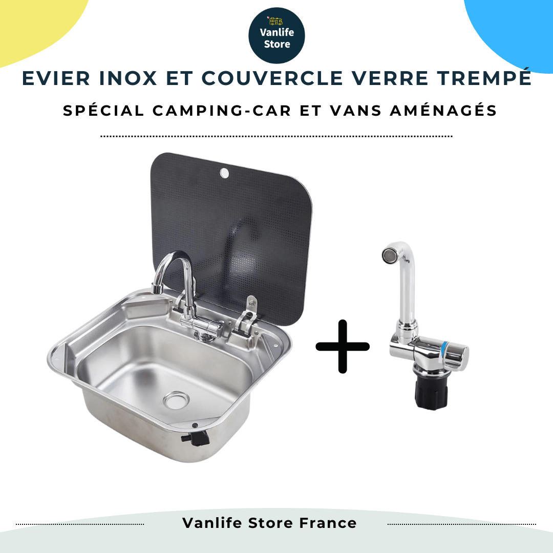 Evier inox couvercle verre trempé - 40 x 35cm - spécial Camping - car et van aménagé - Avec robinet - Vanlife - Store