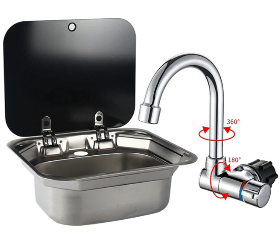Evier inox couvercle verre trempé - 40 x 35cm - spécial Camping - car et van aménagé - Avec robinet - Vanlife - Store