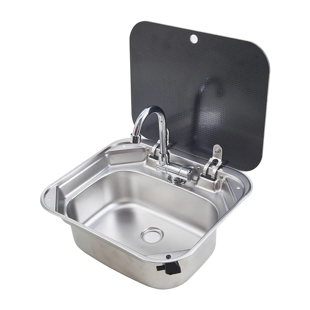 Evier inox couvercle verre trempé - 40 x 35cm - spécial Camping - car et van aménagé - Avec robinet - Vanlife - Store