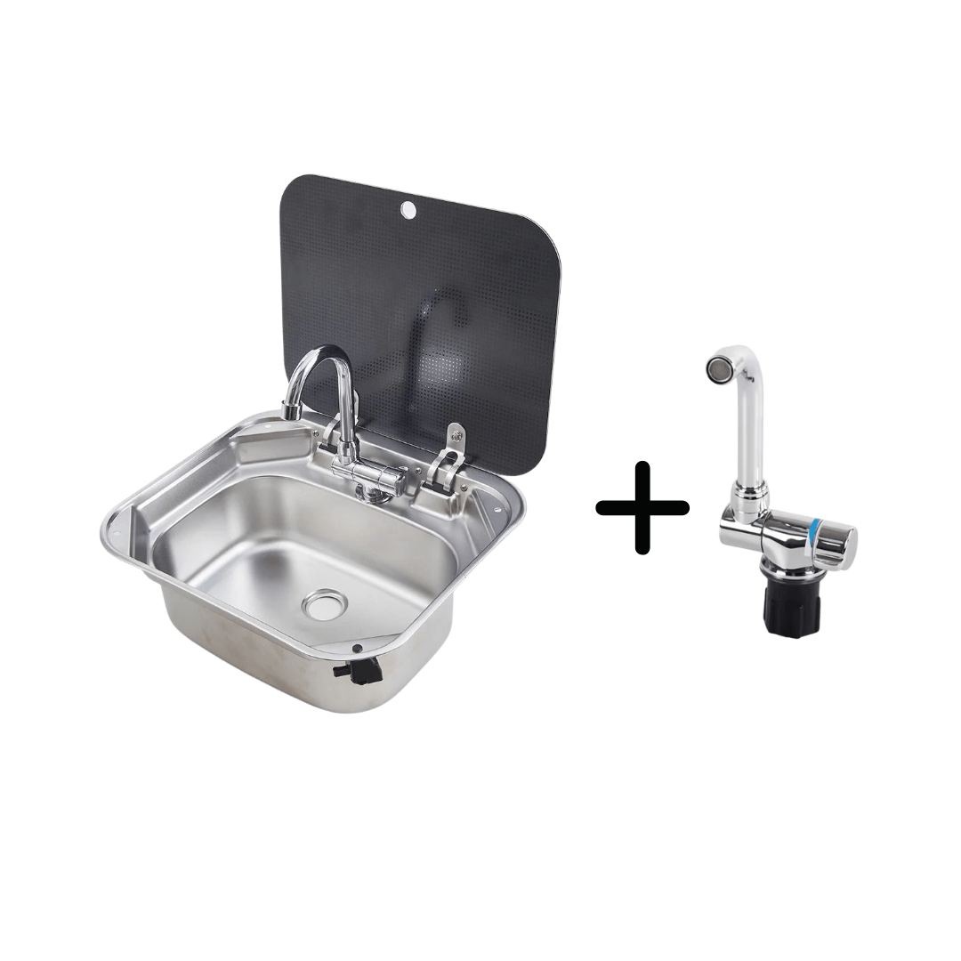 Evier inox couvercle verre trempé - 40 x 35cm - spécial Camping - car et van aménagé - Avec robinet - Vanlife - Store