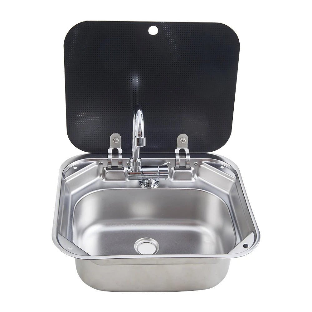 Evier inox couvercle verre trempé - 40 x 35cm - spécial Camping - car et van aménagé - Avec robinet - Vanlife - Store