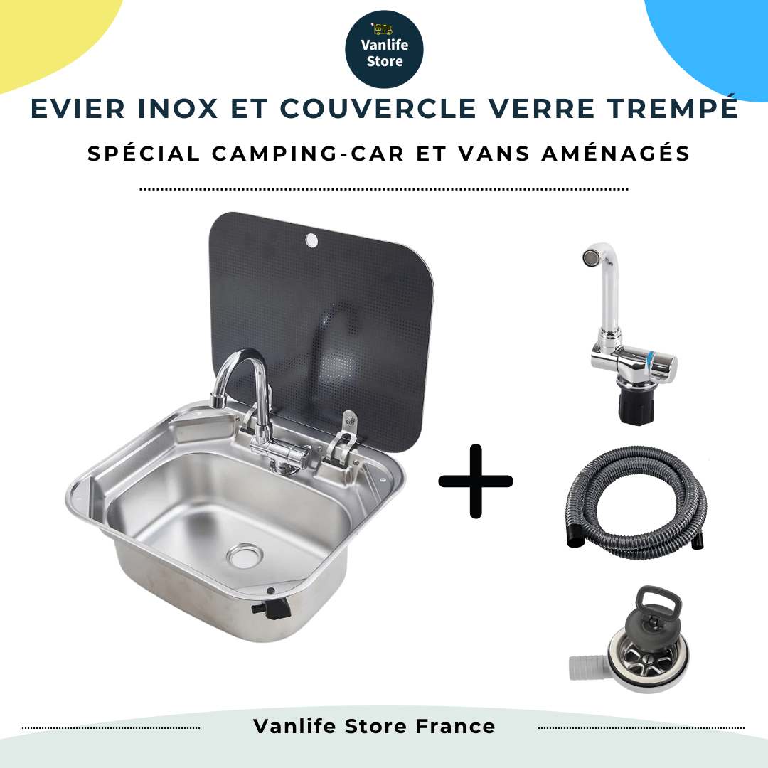 Evier inox couvercle verre trempé - 40 x 35cm - spécial Camping - car et van aménagé - Avec robinet - Vanlife - Store