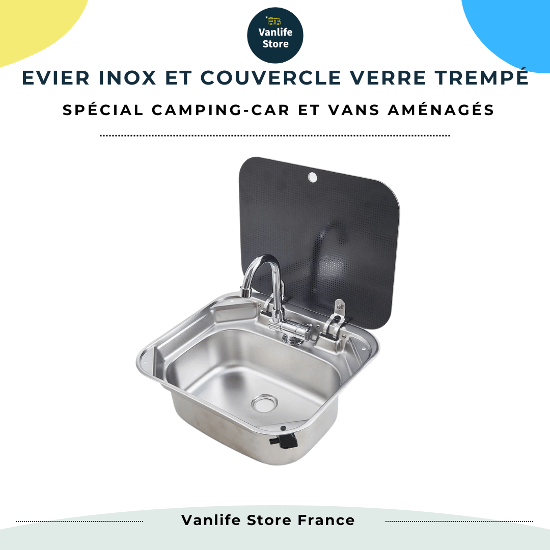 Evier inox couvercle verre trempé - 40 x 35cm - spécial Camping - car et van aménagé - Avec robinet - Vanlife - Store