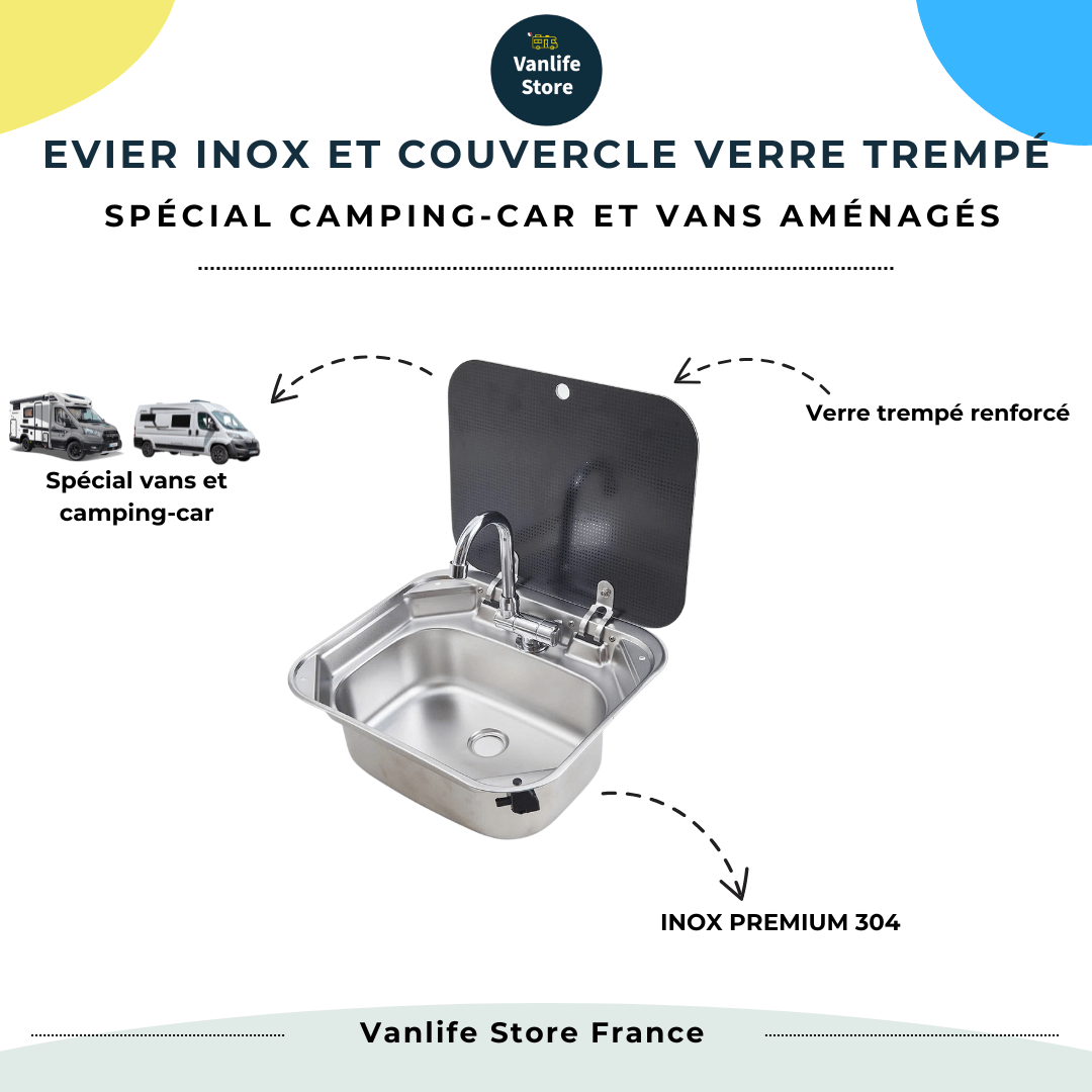 Evier inox couvercle verre trempé - 40 x 35cm - spécial Camping - car et van aménagé - Avec robinet - Vanlife - Store