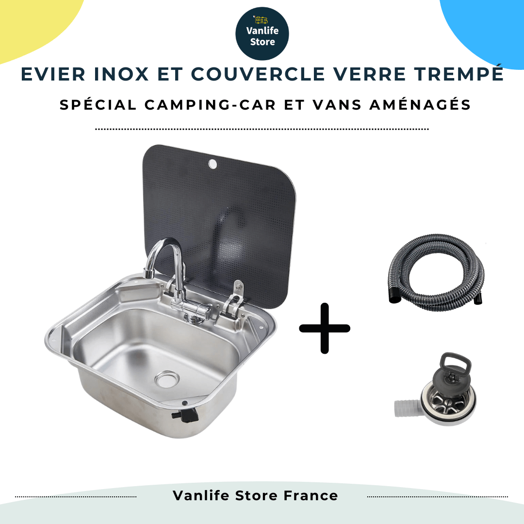 Evier inox couvercle verre trempé - 40 x 35cm - spécial Camping - car et van aménagé - Avec robinet - Vanlife - Store