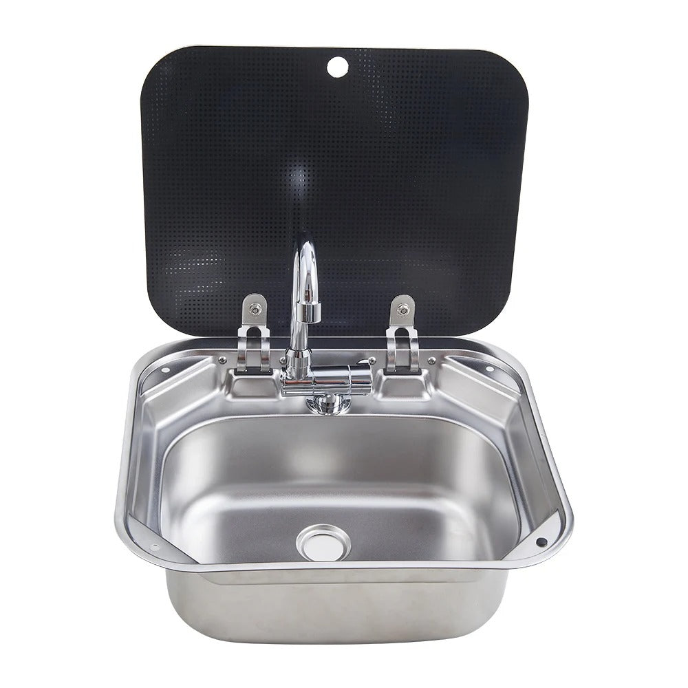 Evier inox couvercle verre trempé - 40 x 35cm - spécial Camping-car et van aménagé - Avec robinet