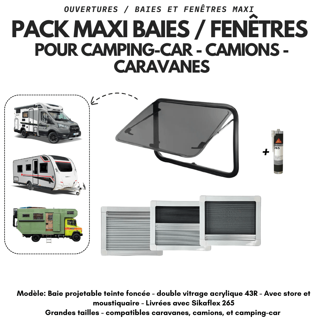 Maxi Baie - Fenêtre pour camping - car - Camions - Caravanes - Double vitrage acrylique 43 - R - Avec store et moustiquaire - Vanlife - Store