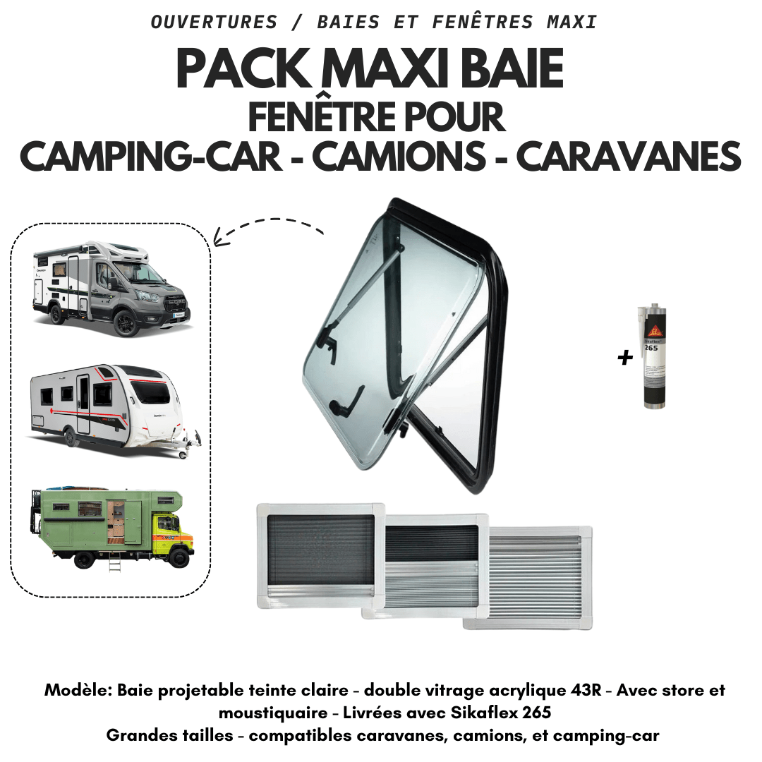 Maxi Baie - Fenêtre pour camping - car teinte claire - Camions - Caravanes - Double vitrage acrylique 43 - R - Avec store et moustiquaire - Vanlife - Store